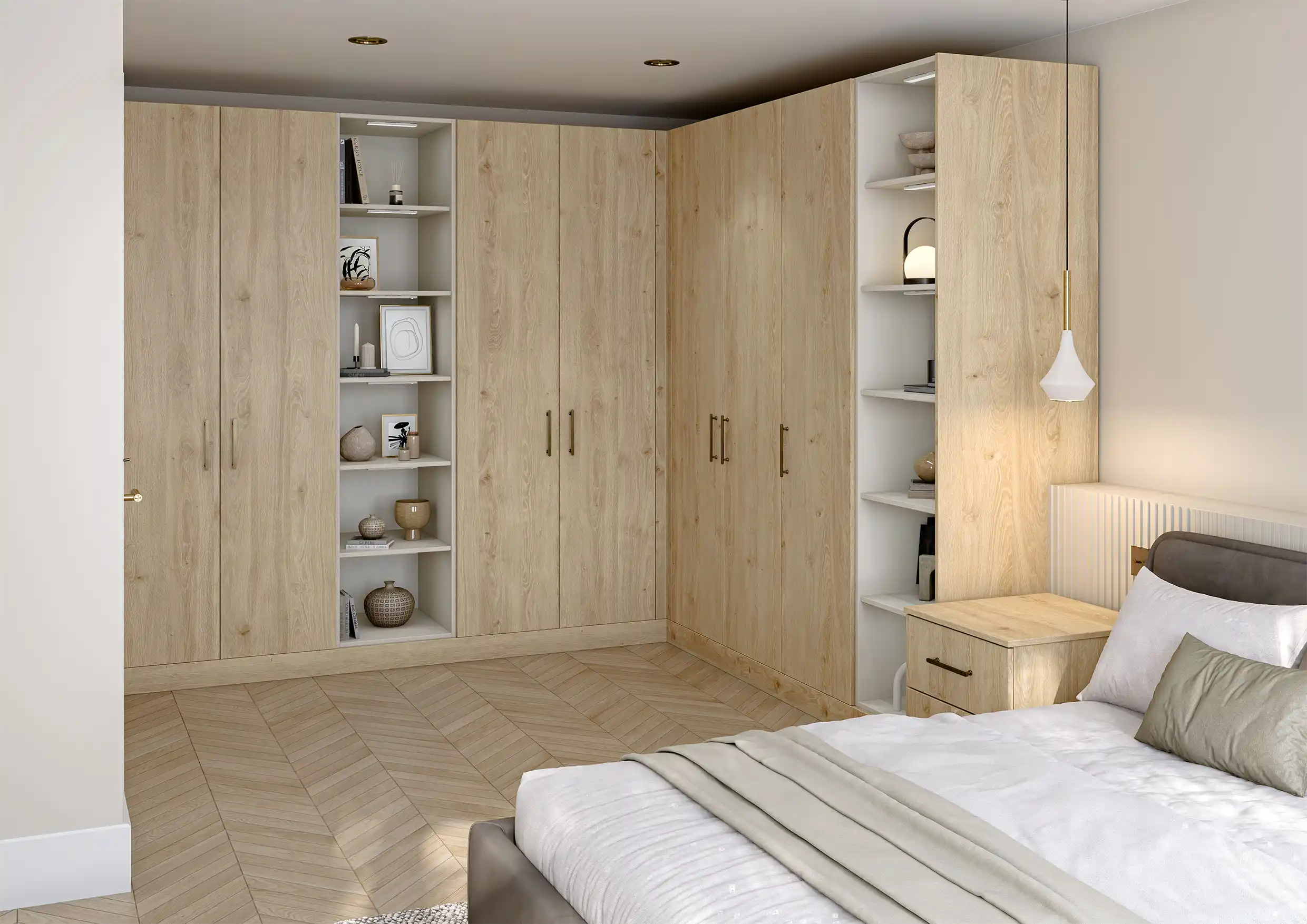 Unity Bedroom in Natural Davos Oak and Supermatt Taupe Grey