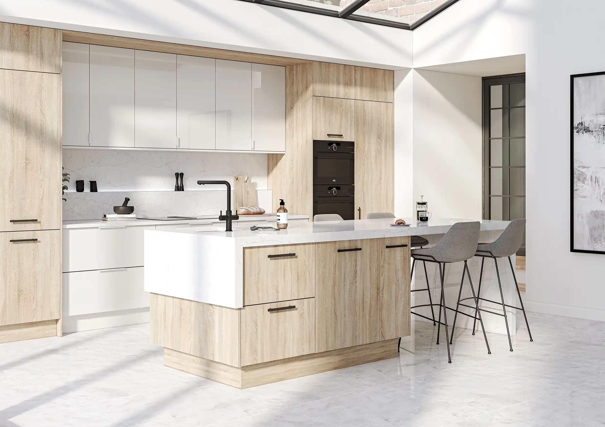 Unity Kitchen in Grey Bardolino Oak and Gloss Dove Grey