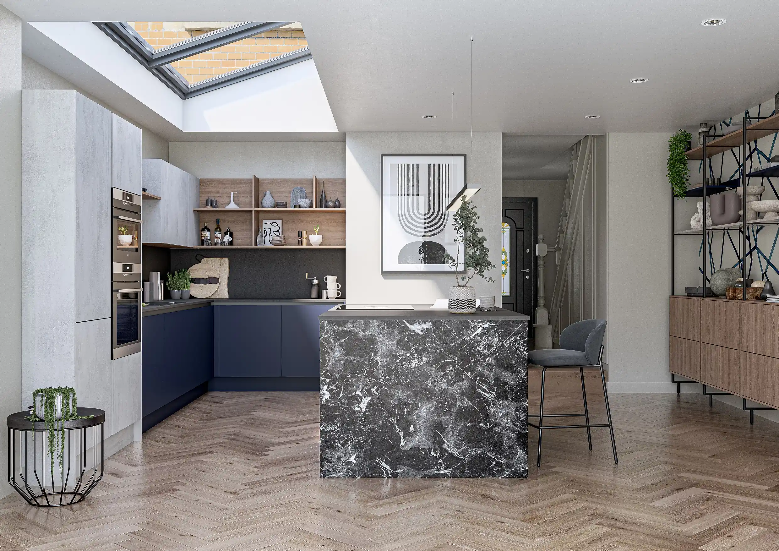 Unity Kitchen in Indigo, Hayward Concrete and Black Marquina