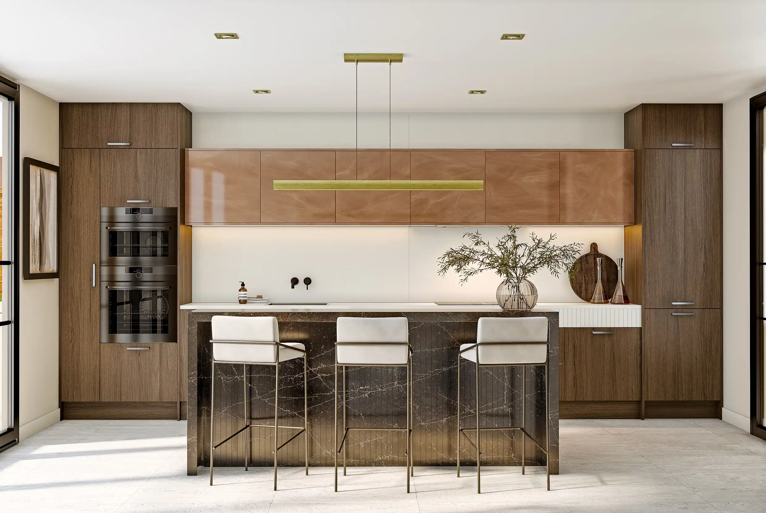 Unity Kitchen in Tobacco Oak Linear, Mocha Pietra and Luxe Bronze Metallic